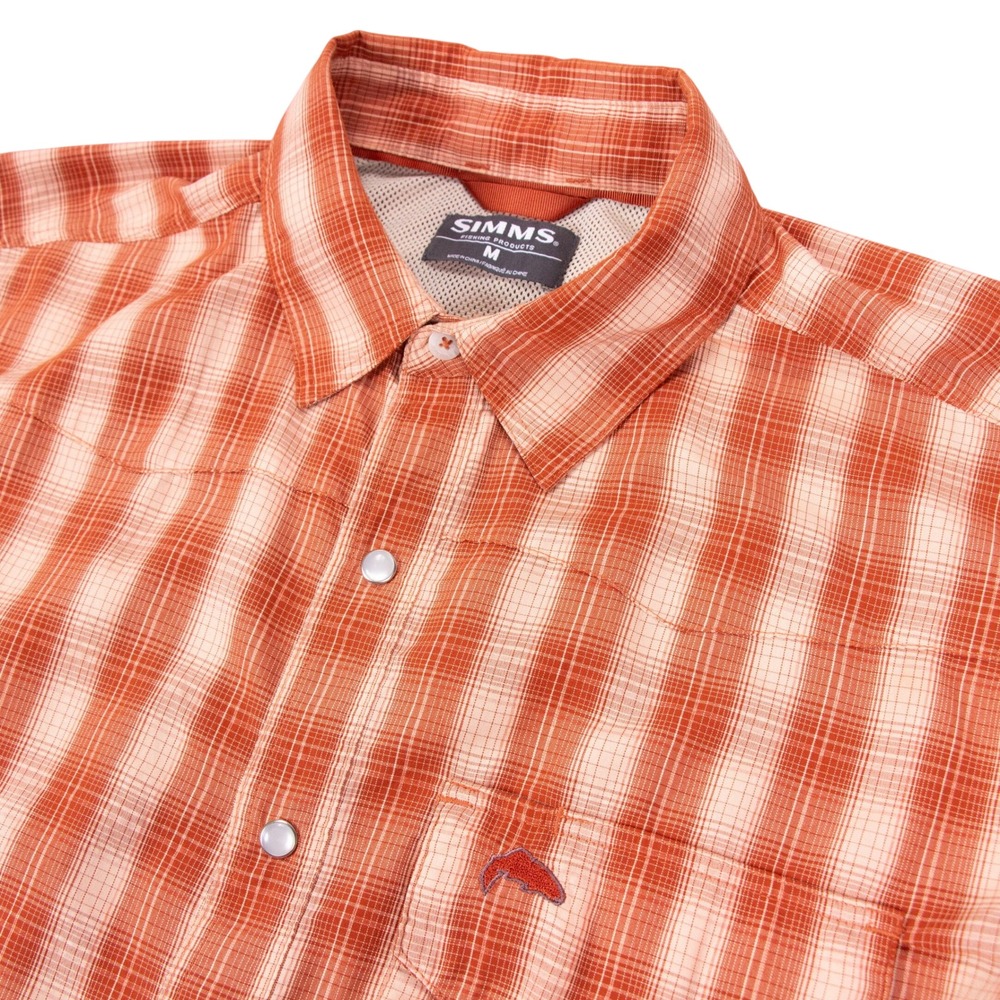 Simms Mens M Red Orange Plaid Short Sleeve Pearl Snap‎ Fishing Shirt Vented